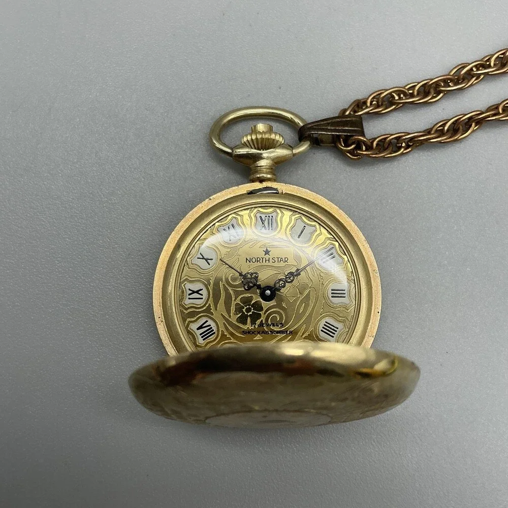 Vintage North Star Watch Pendant Women 36mm Gold Full Hunter Manual Wind Chain
